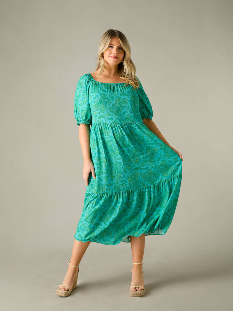Petite Green Paisley Puff Sleeve Maxi Dress