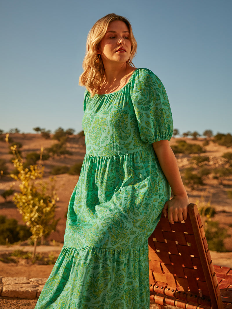 Petite Green Paisley Puff Sleeve Maxi Dress