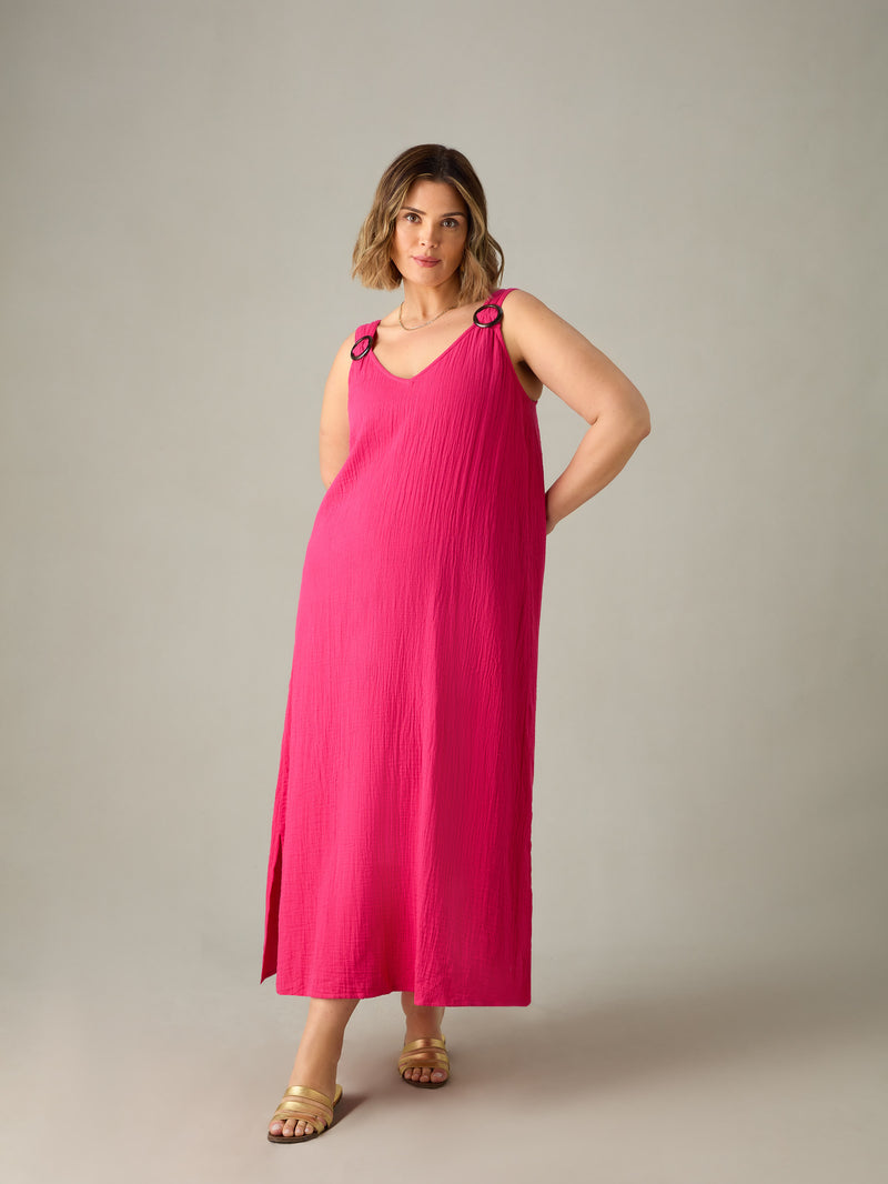 Pink Cotton Crinkle Ring Detail Dress