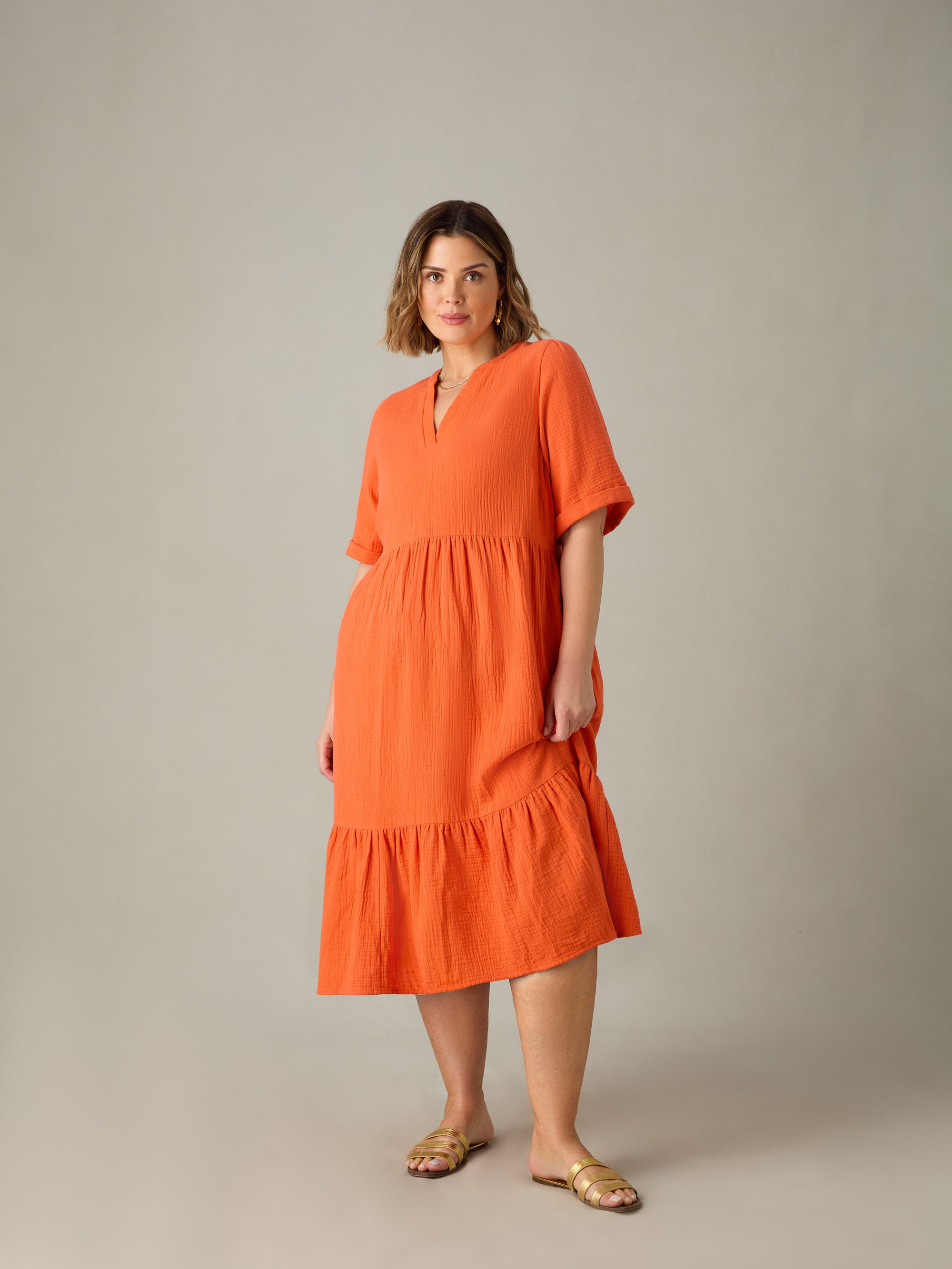 orange cotton dress Orange Cotton Crinkle Tiered Dress