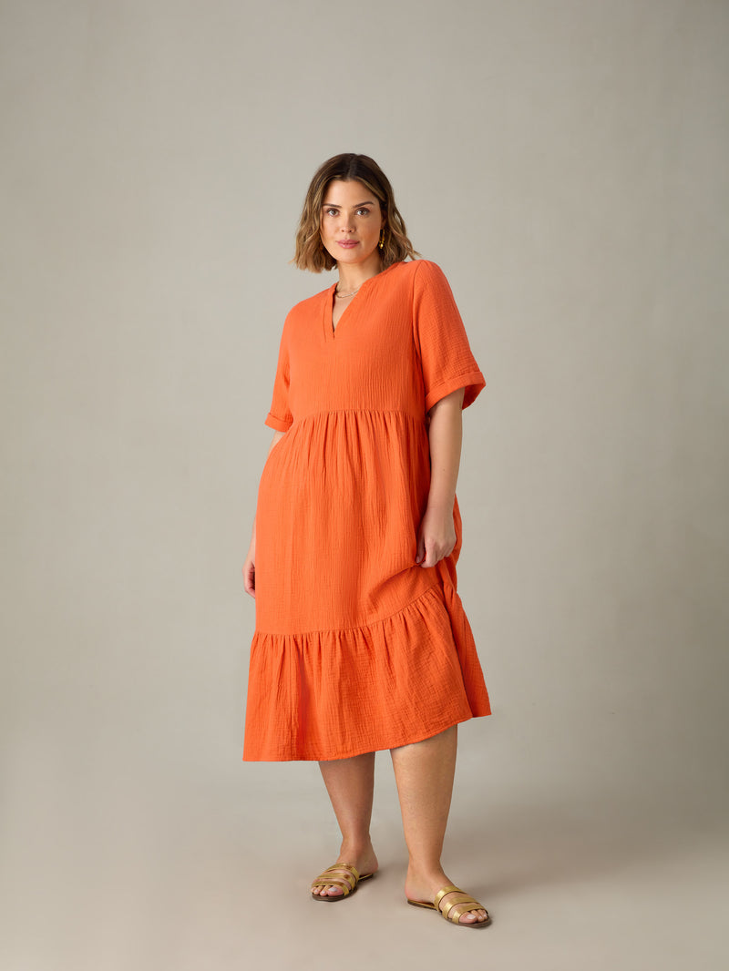 Orange Cotton Crinkle Tiered Dress