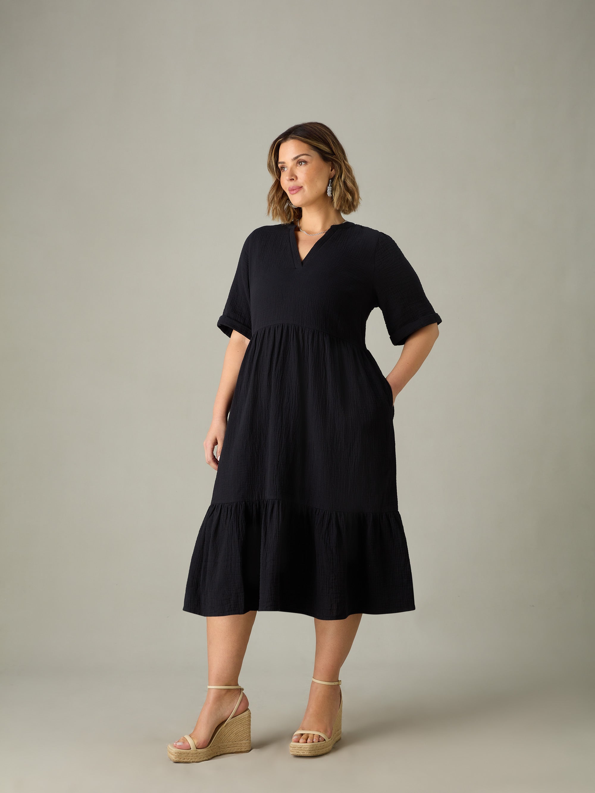 Black Cotton Crinkle Tiered Dress