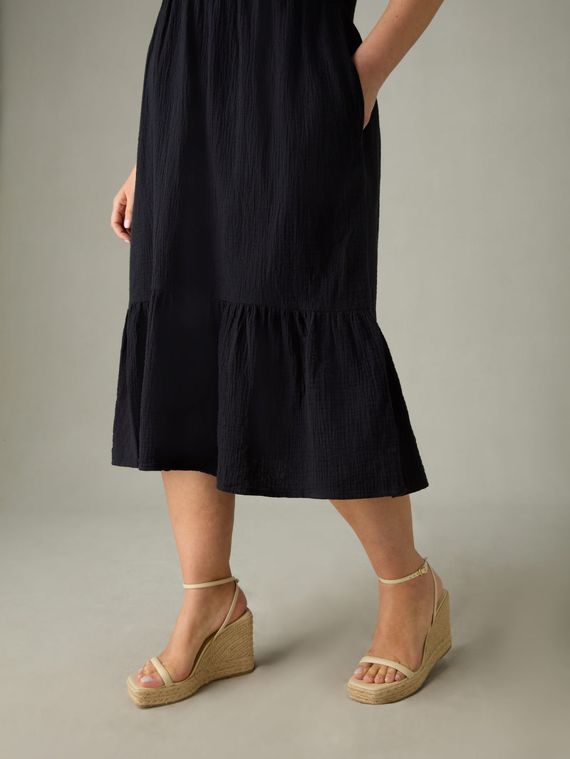 Black Cotton Crinkle Tiered Dress