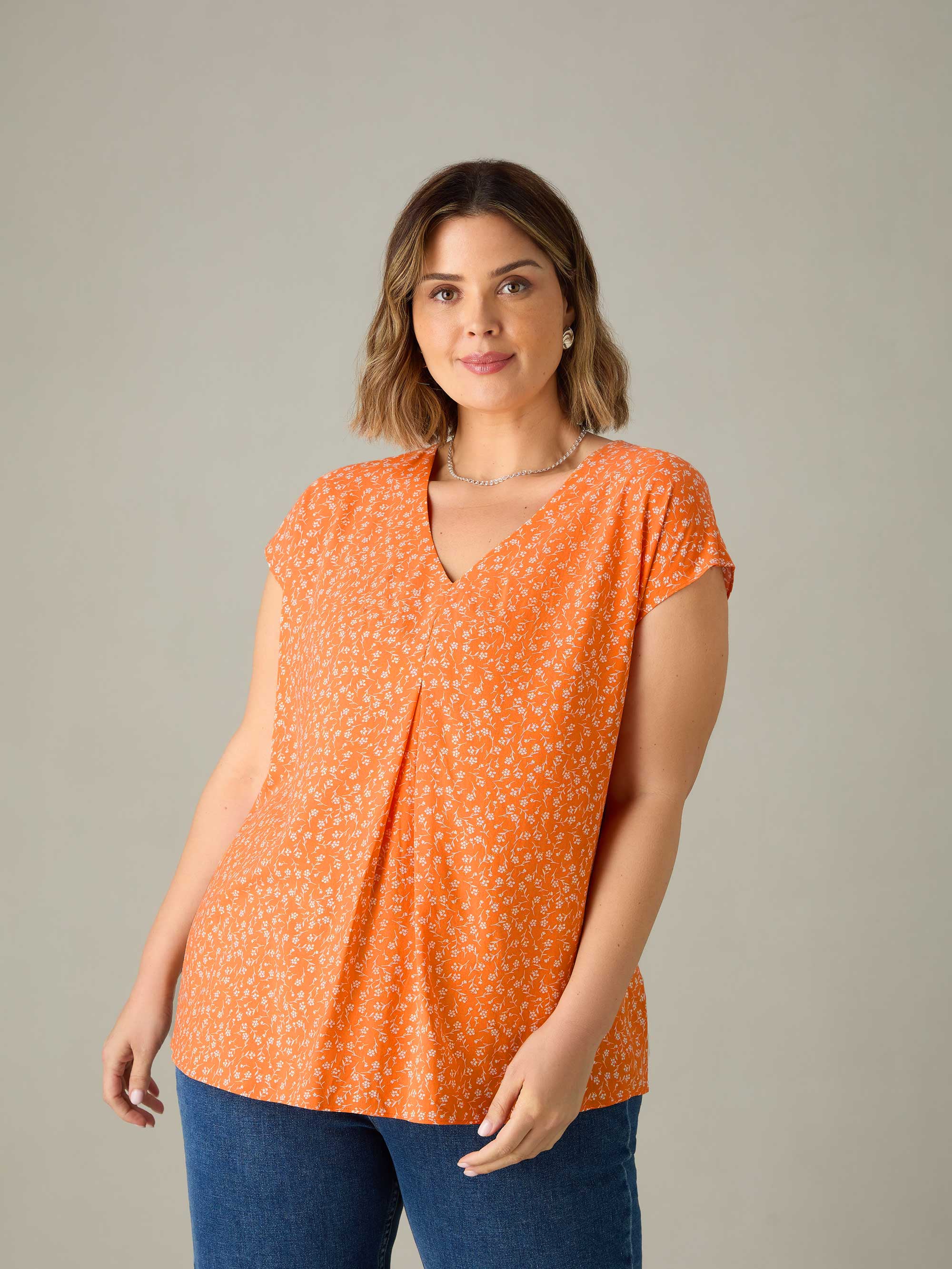 Orange Ditsy Pleat Front Top