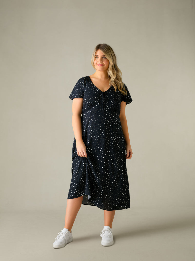 Black Spot Print Midi Tea Dress
