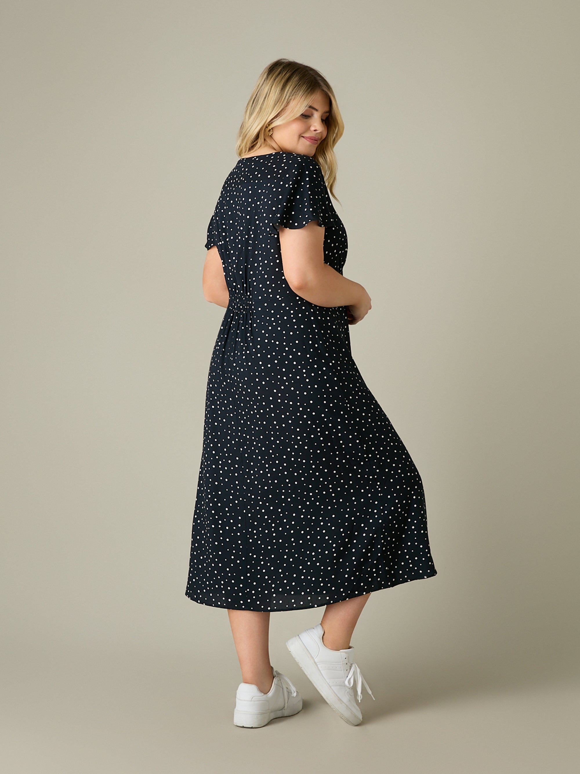 Black Spot Print Midi Tea Dress