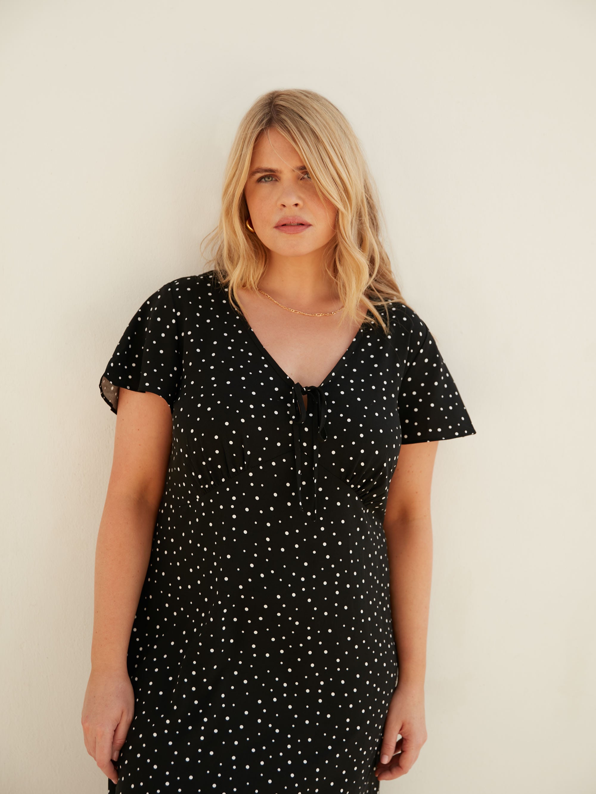 Black Spot Print Midi Tea Dress