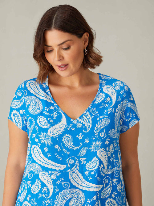 Blue Paisley Print V-Neck Midi Dress