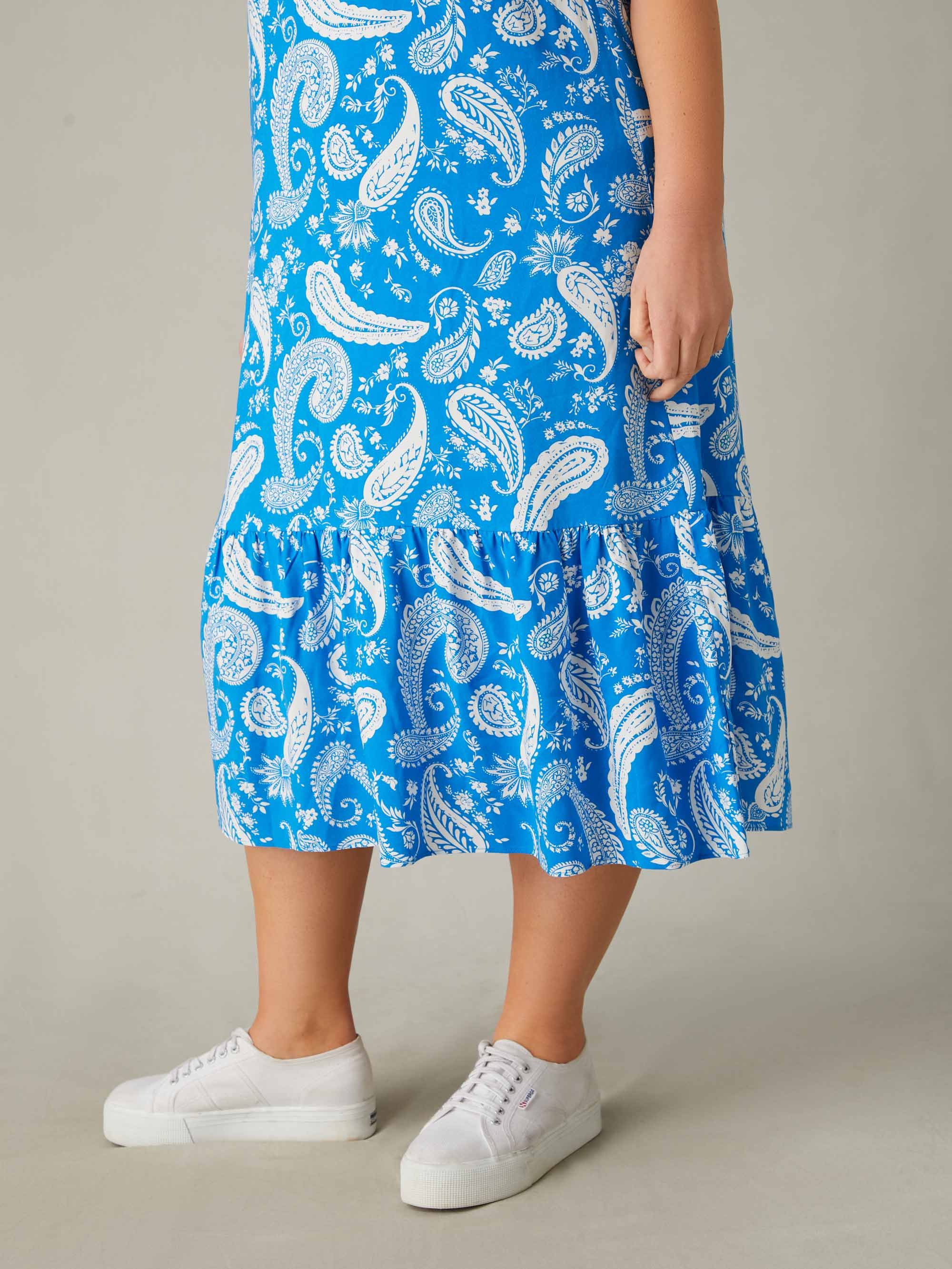 Blue Paisley Print V-Neck Midi Dress