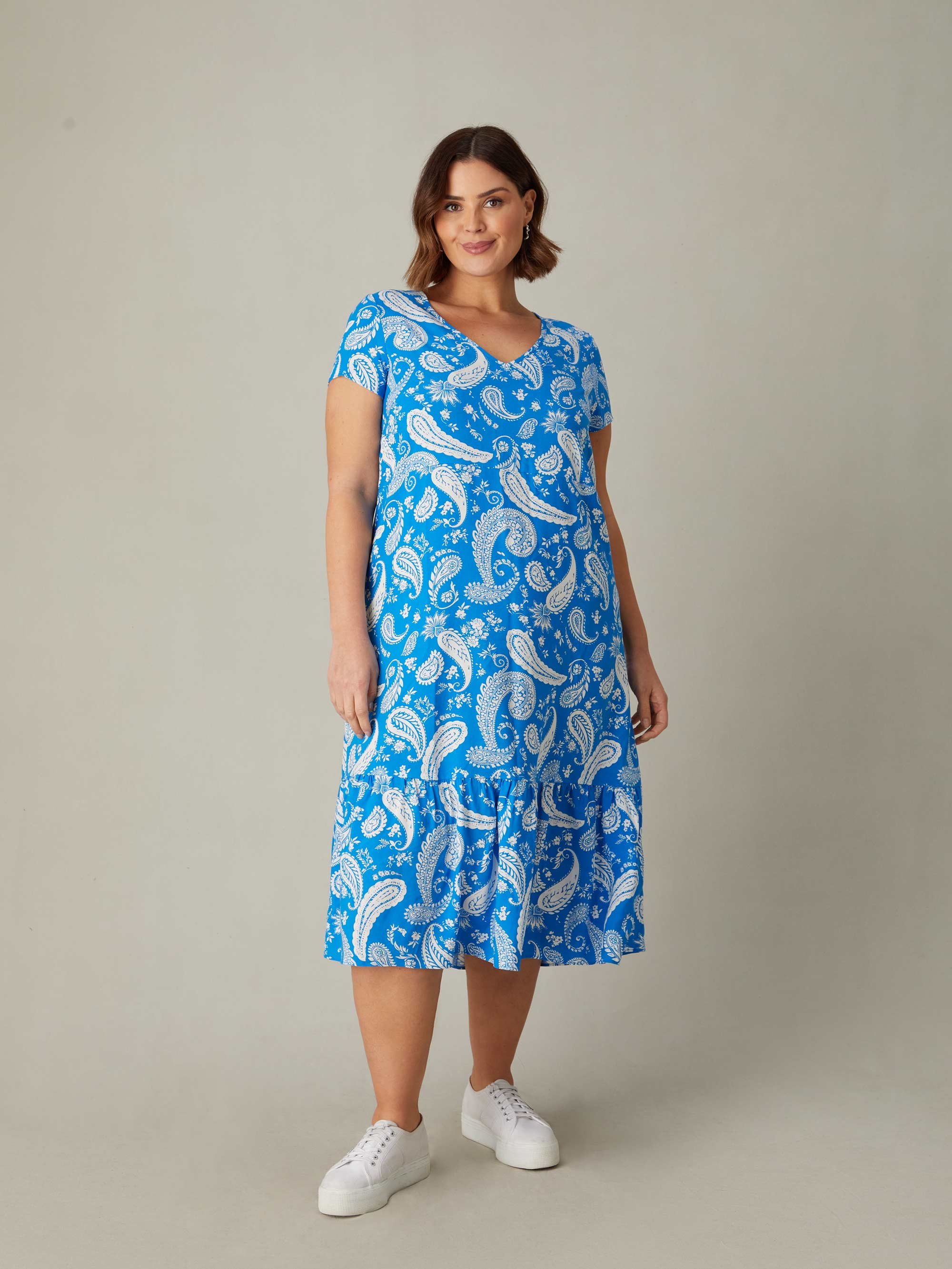 Blue Paisley Print V-Neck Midi Dress