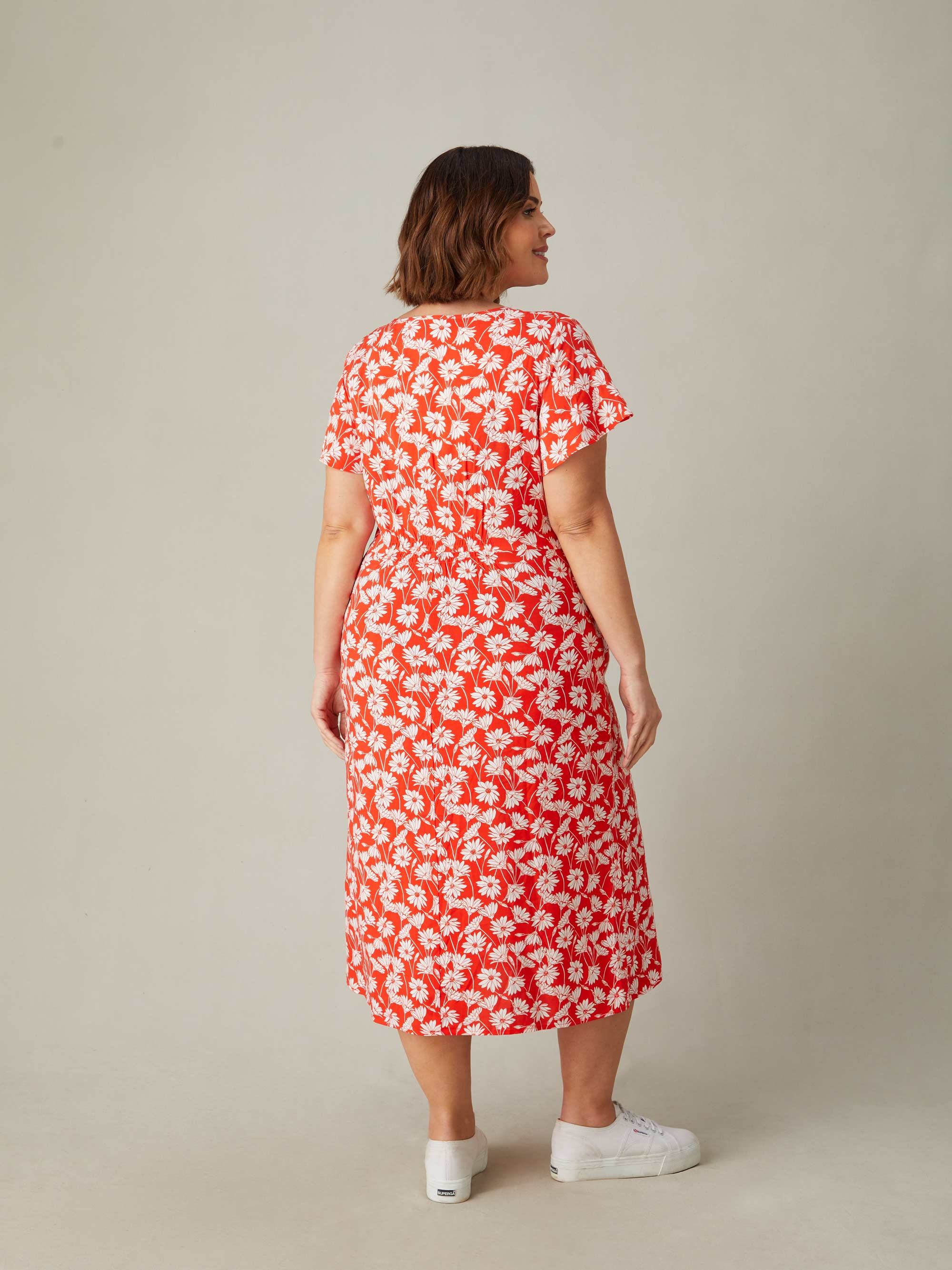 Red Floral Print Midi Tea Dress