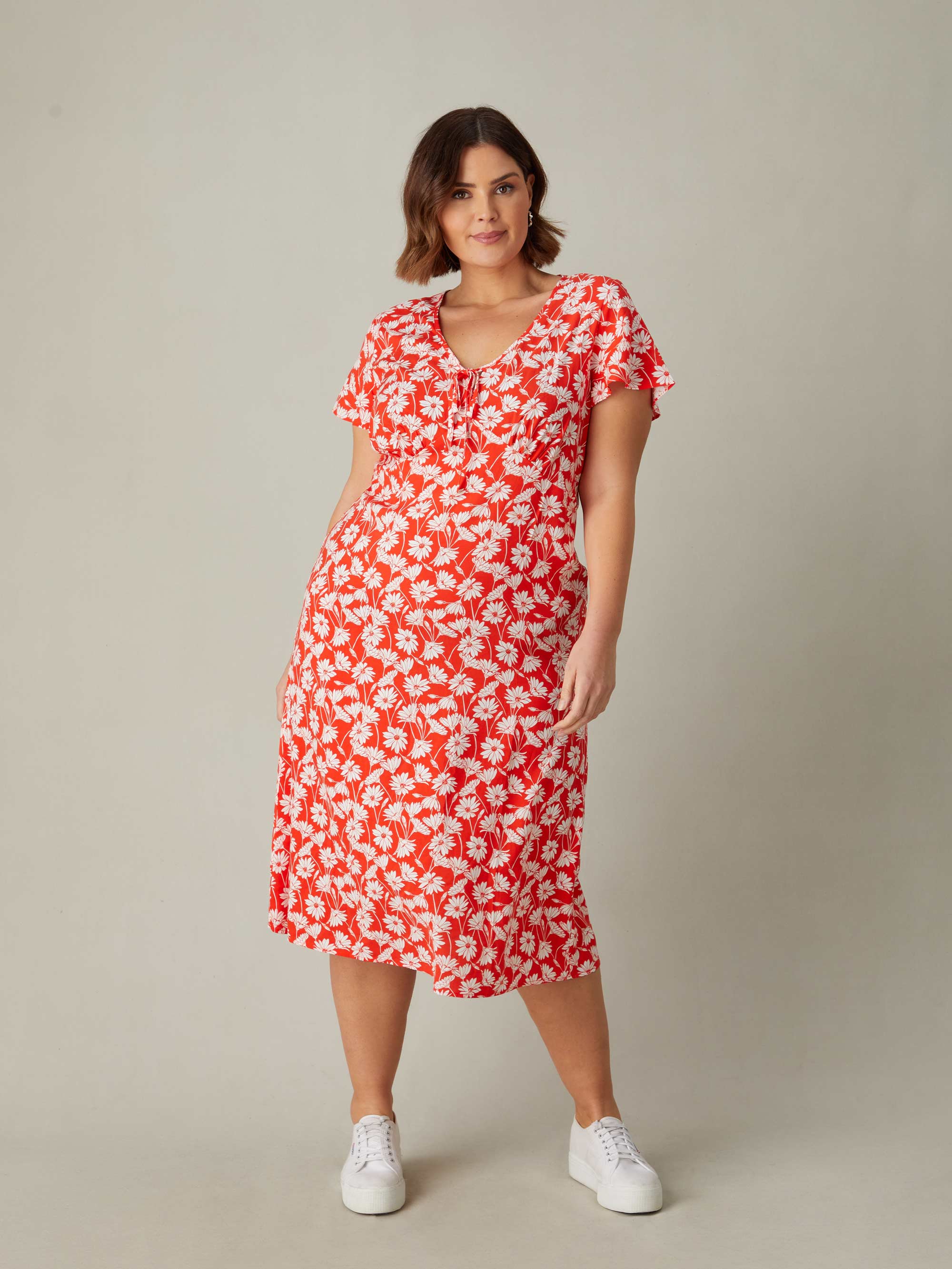 Red Floral Print Midi Tea Dress