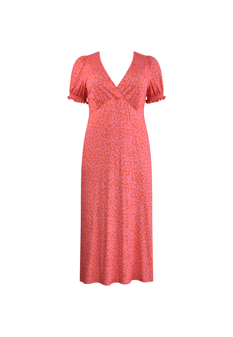 Pink Floral Jersey Shirred Cuff Maxi Dress
