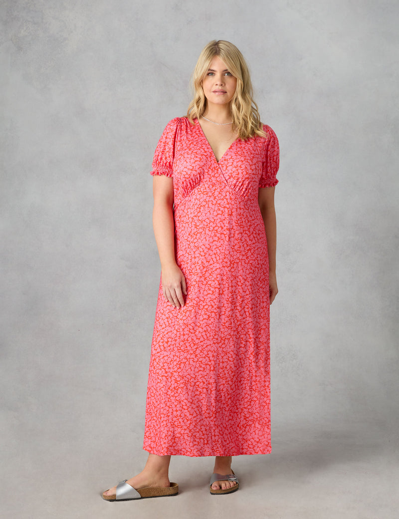 Pink Floral Jersey Shirred Cuff Maxi Dress