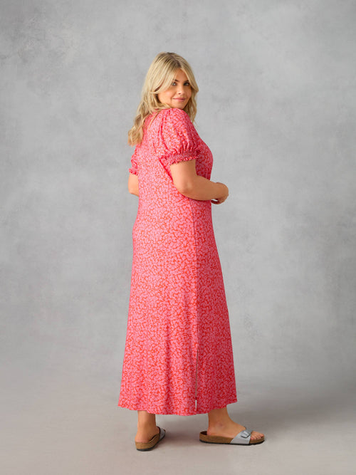 Pink Floral Jersey Shirred Cuff Maxi Dress