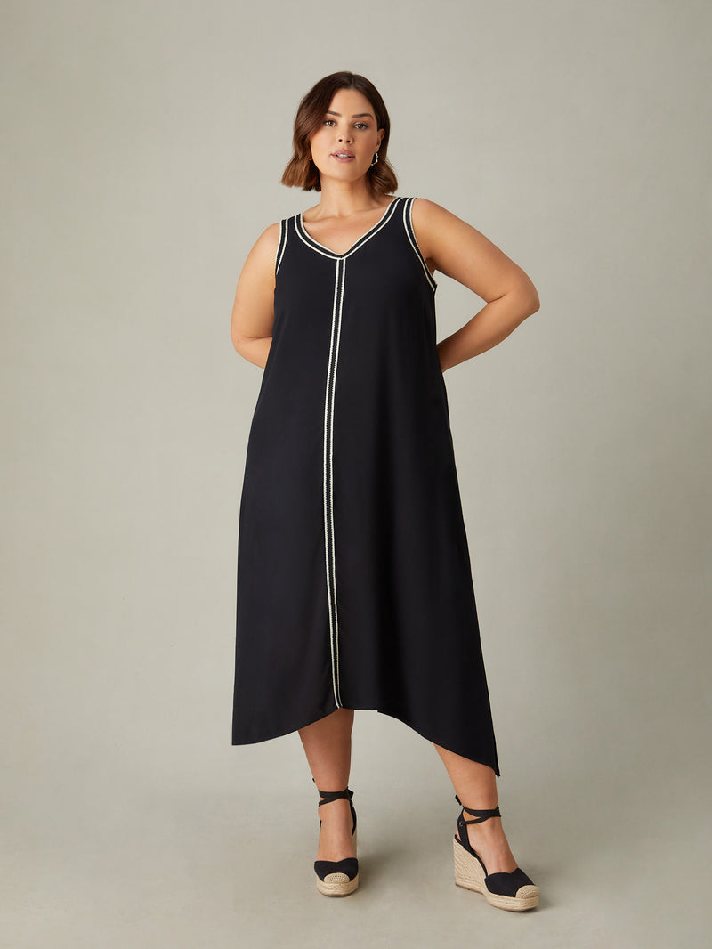 Petite Black Knit Trim Hanky Hem Dress