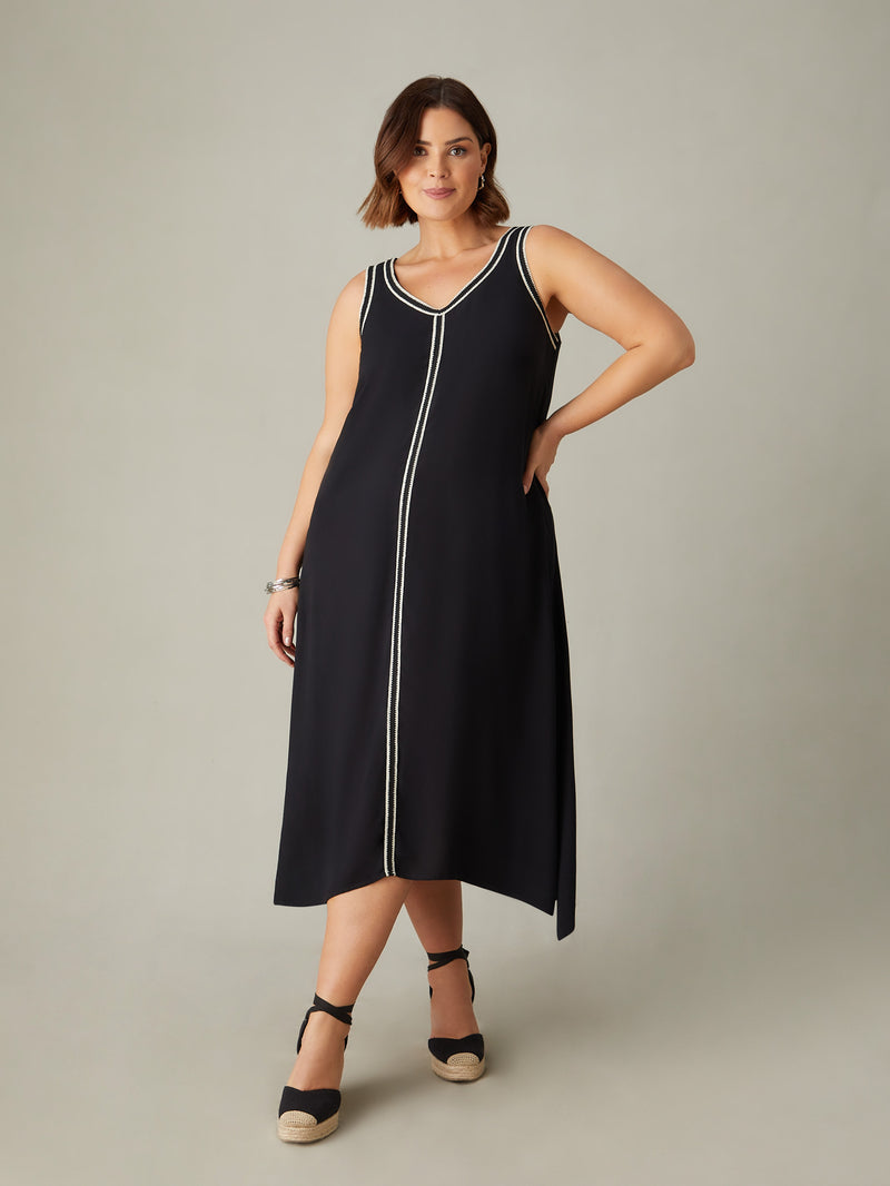 Petite Black Knit Trim Hanky Hem Dress
