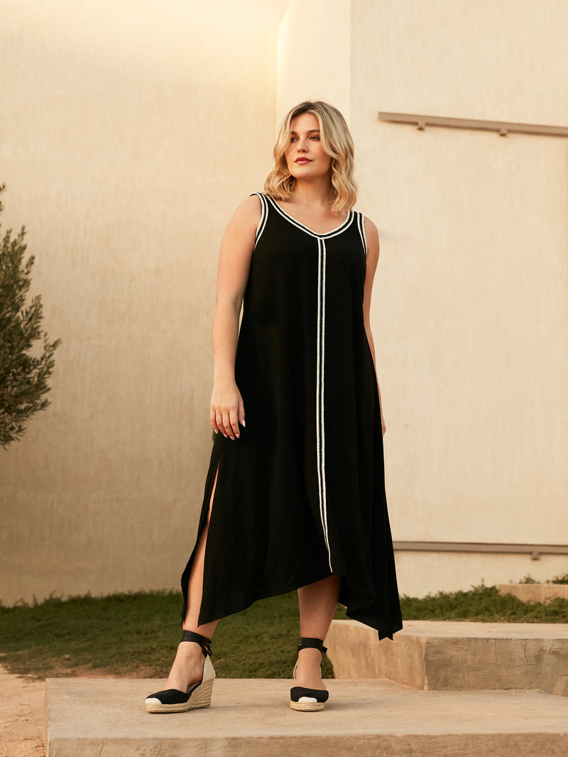 Petite Black Knit Trim Hanky Hem Dress