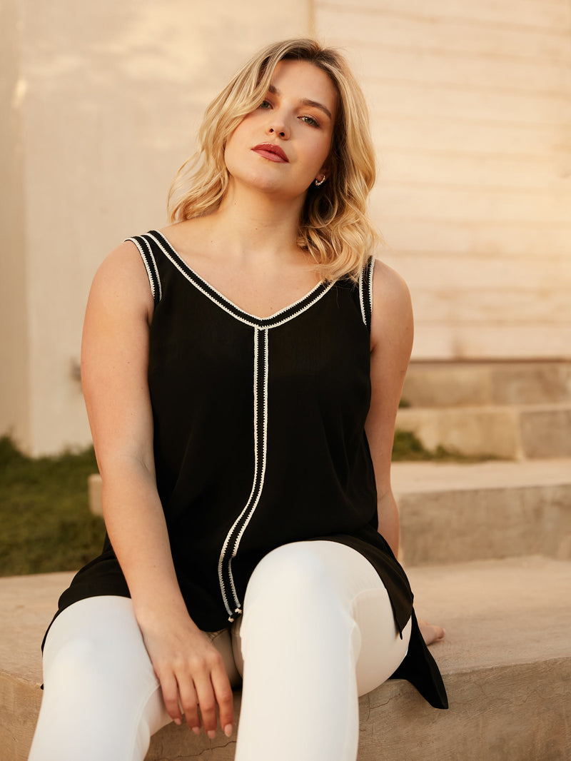 Black Knit Trim Vest Top