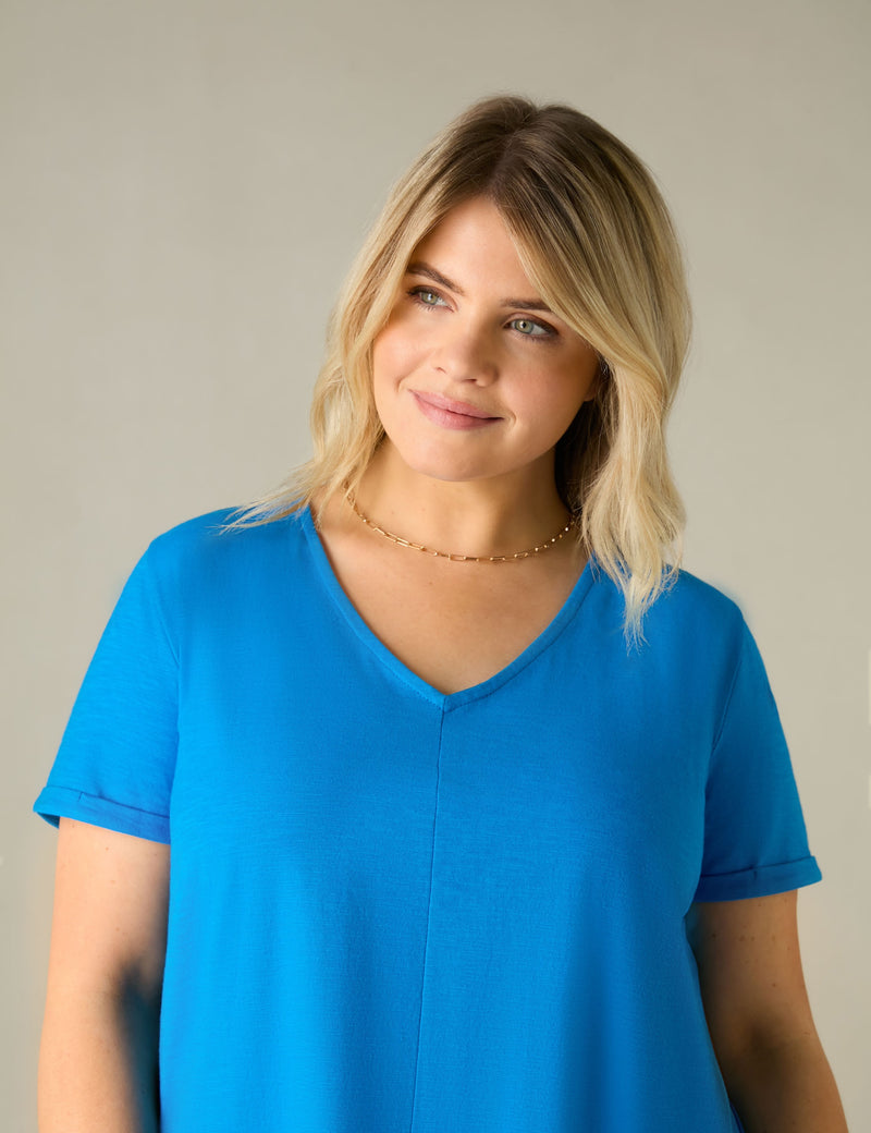 Blue Cotton Slub V-Neck T-Shirt