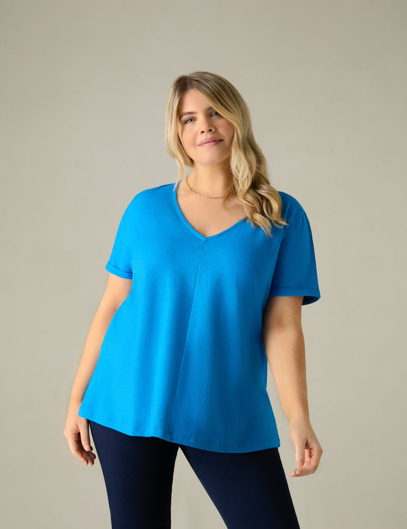 Blue Cotton Slub V-Neck T-Shirt