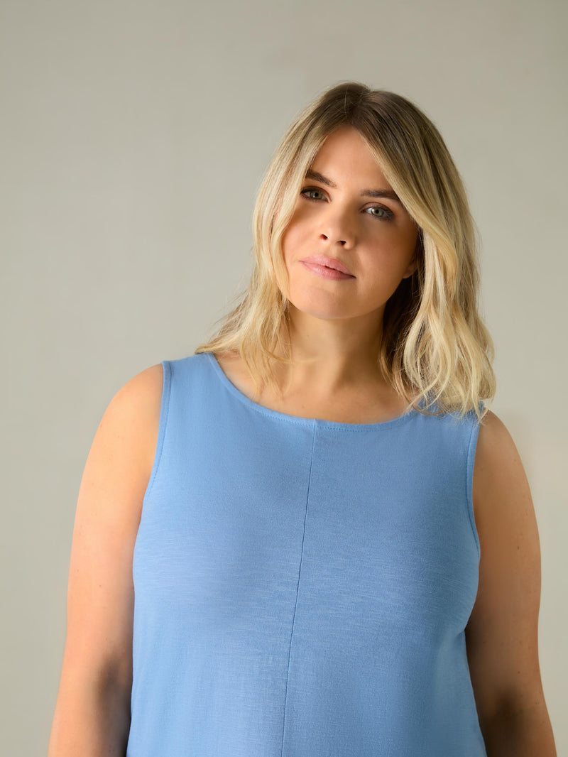 Washed Blue Cotton Slub Round Neck Vest