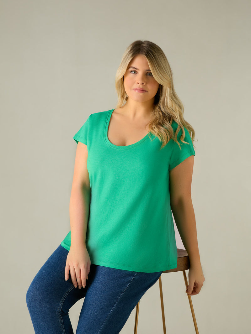 Green Cotton Slub Scoop Neck T-Shirt