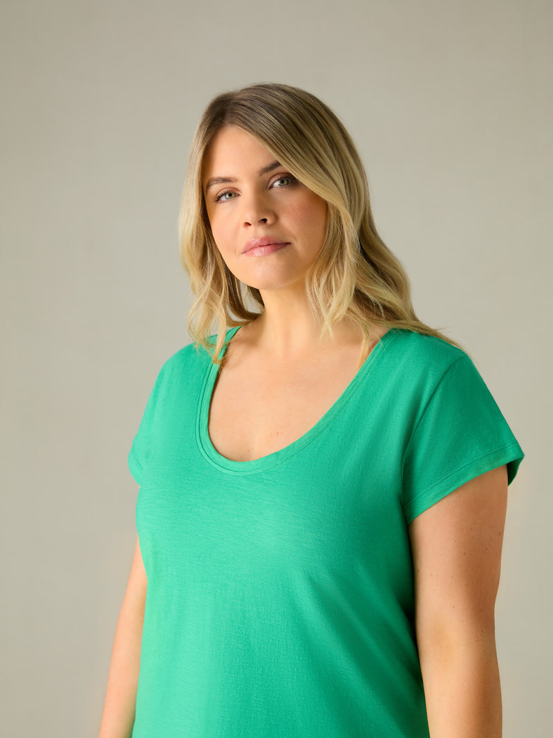 Green Cotton Slub Scoop Neck T-Shirt