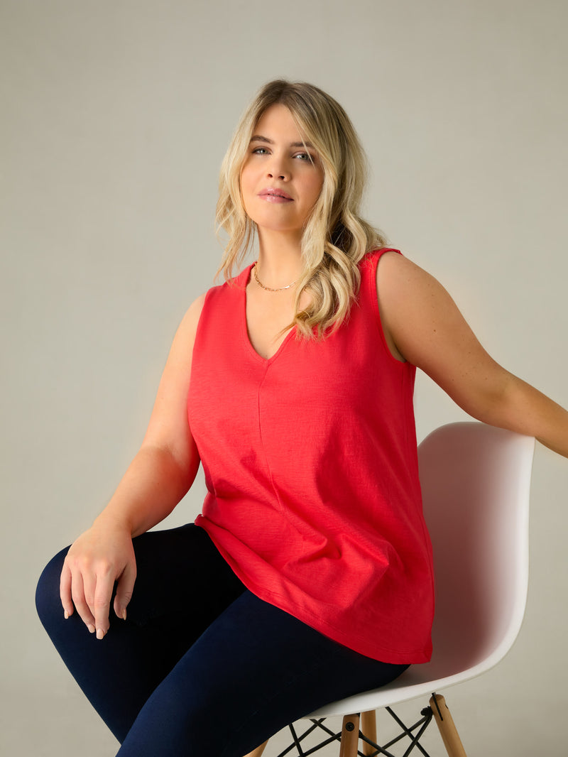 Red Cotton Slub V-Neck Vest