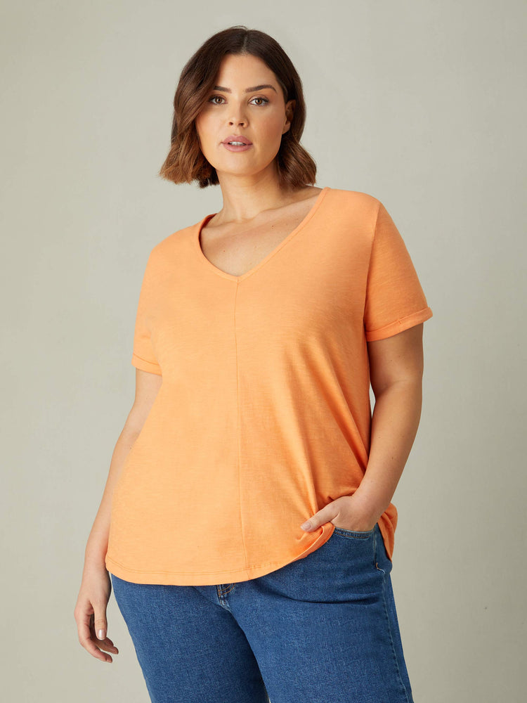 Orange Cotton Slub V-Neck T-Shirt