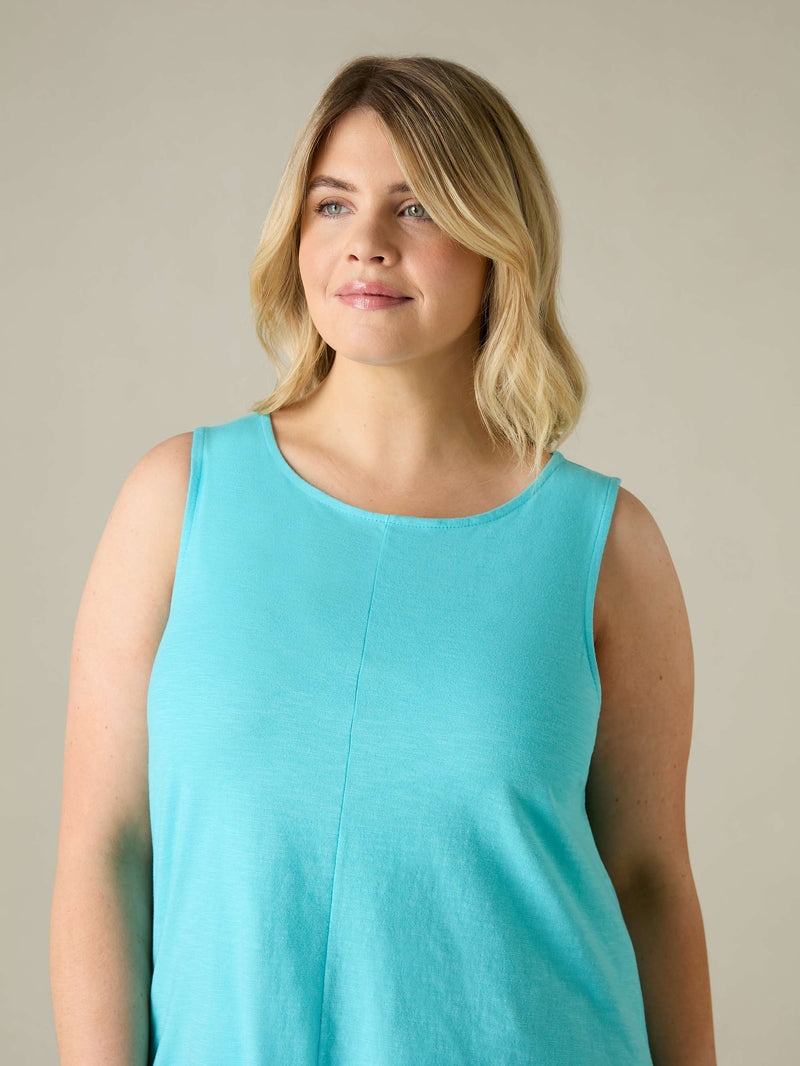 Turquoise Cotton Slub Round Neck Vest Top