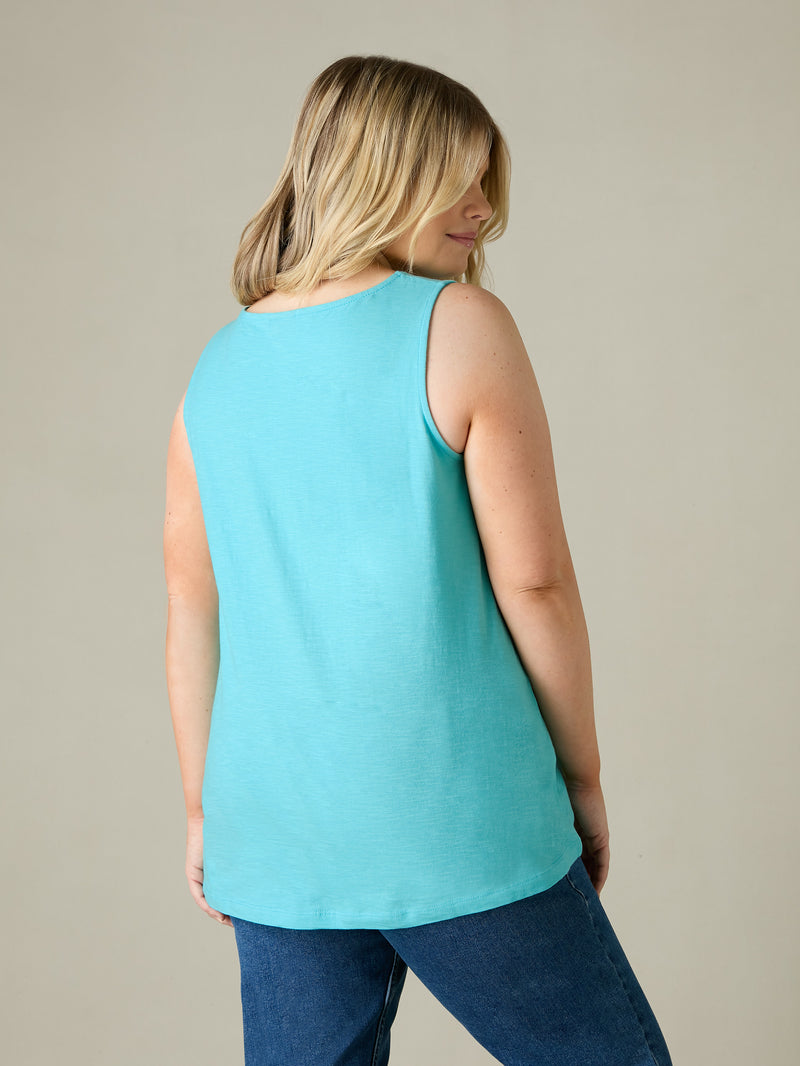 Turquoise Cotton Slub Round Neck Vest Top