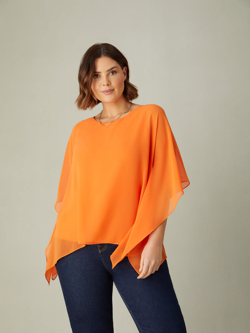 Orange Chiffon Overlay Hanky Hem Top