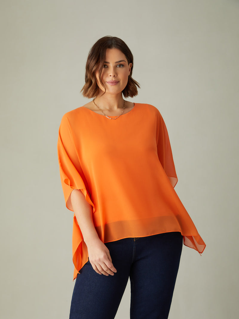 Orange Chiffon Overlay Hanky Hem Top