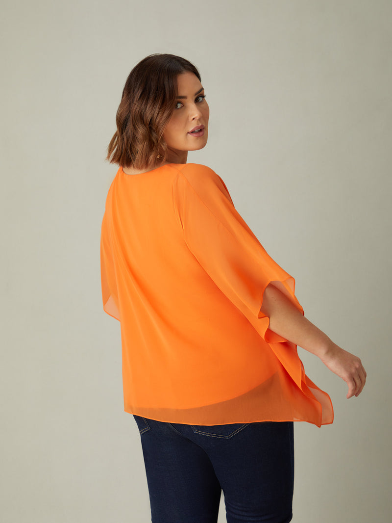 Orange Chiffon Overlay Hanky Hem Top