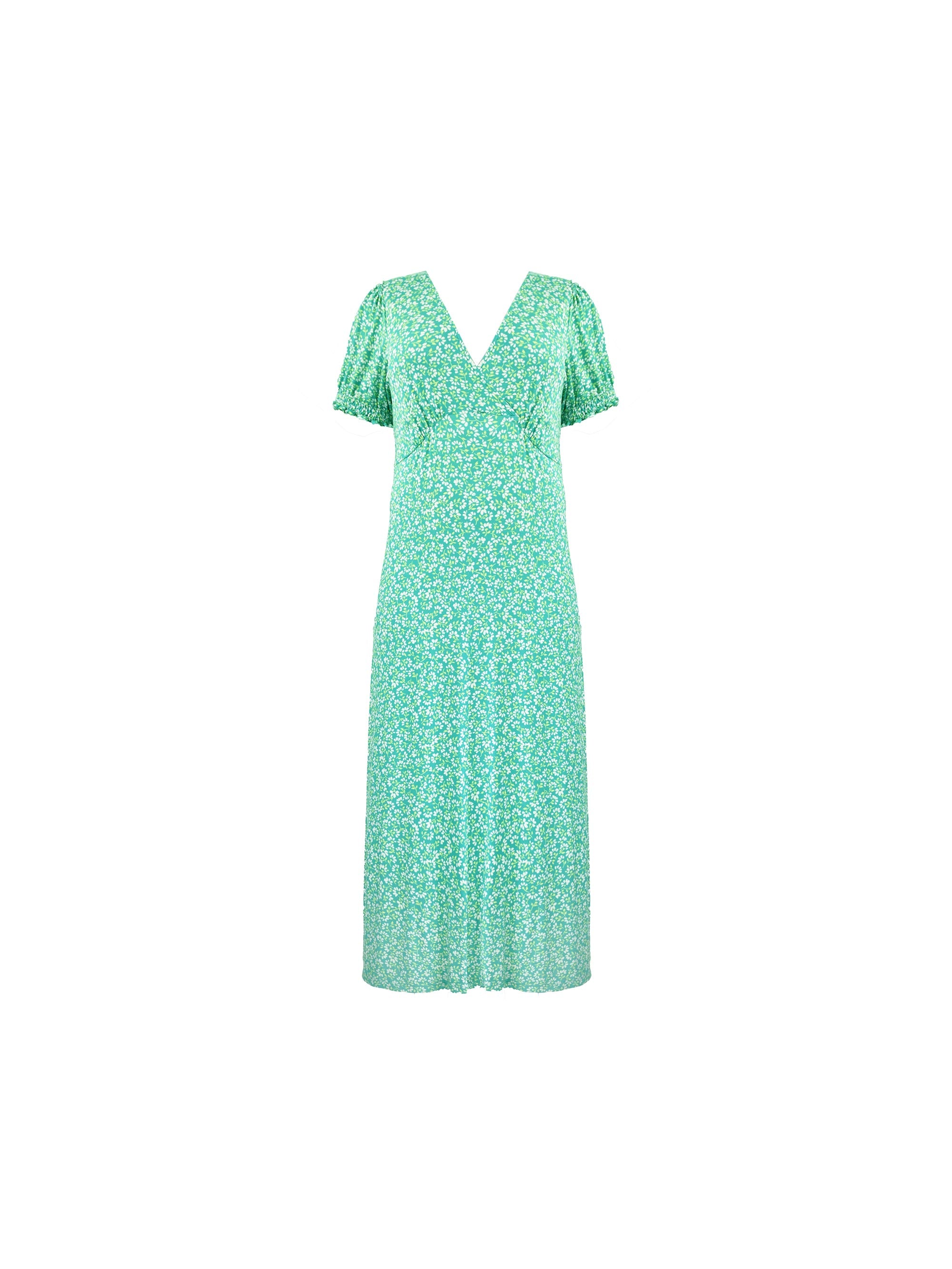 Green Ditsy Jersey Shirred Cuff Maxi Dress Green Ditsy Jersey Shirred Cuff Maxi Dress