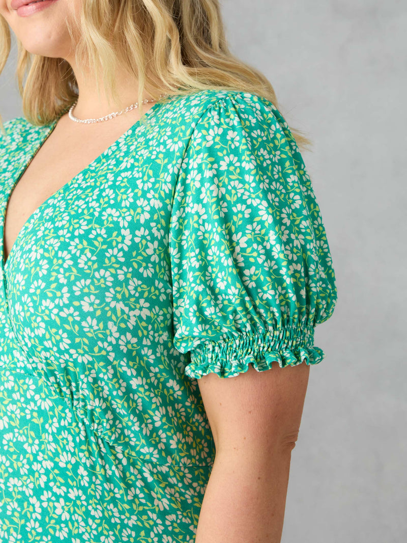 Green Ditsy Jersey Shirred Cuff Maxi Dress