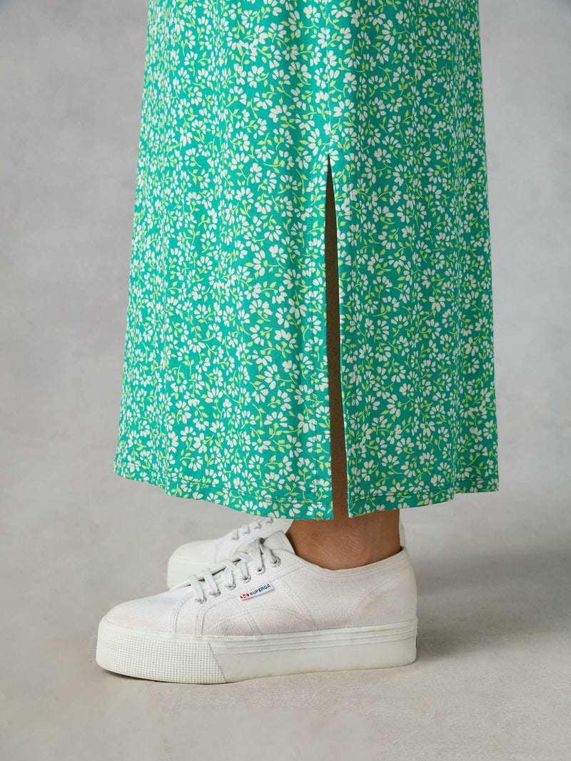 Green Ditsy Jersey Shirred Cuff Maxi Dress
