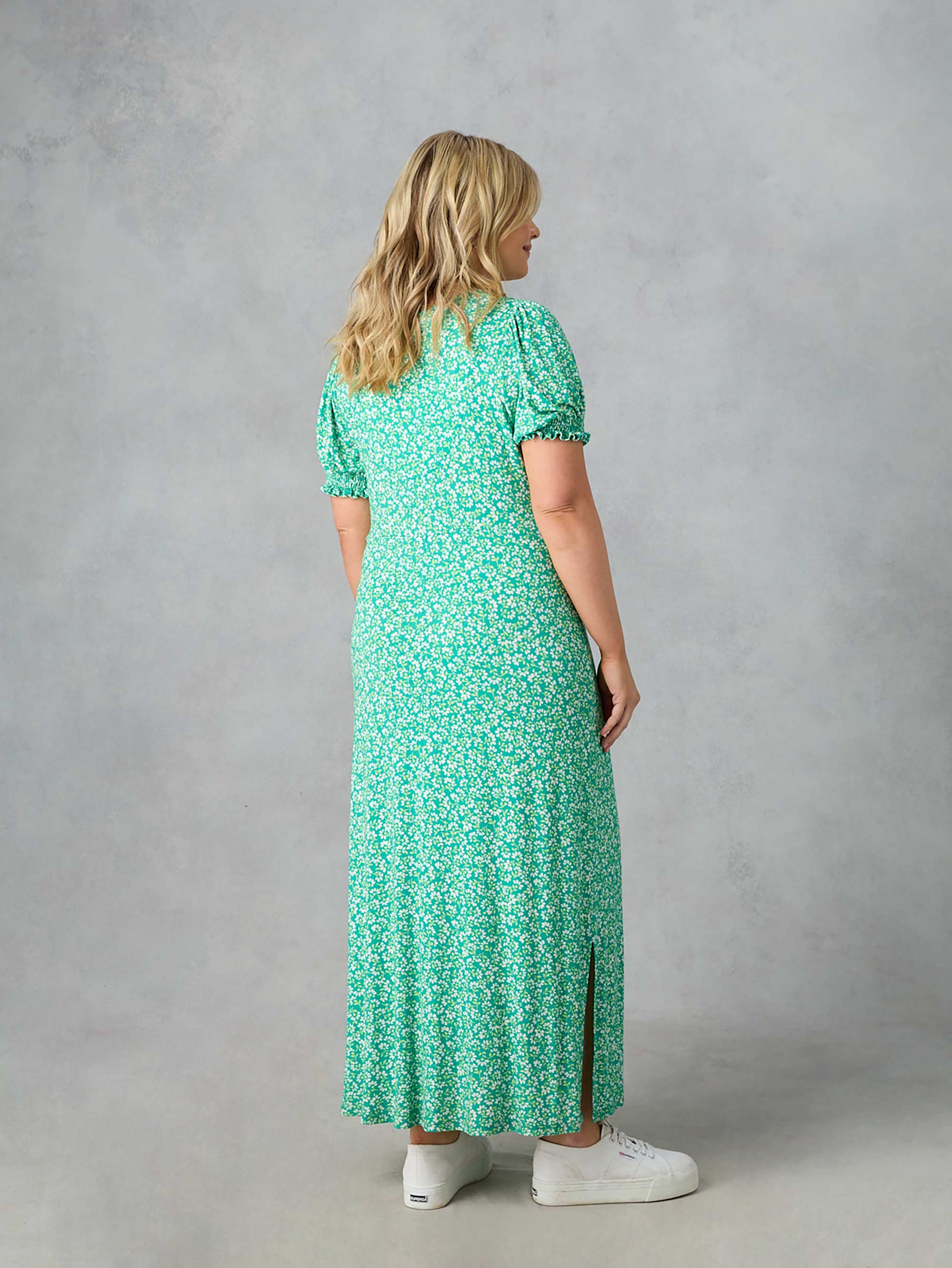 Green Ditsy Jersey Shirred Cuff Maxi Dress Green Ditsy Jersey Shirred Cuff Maxi Dress