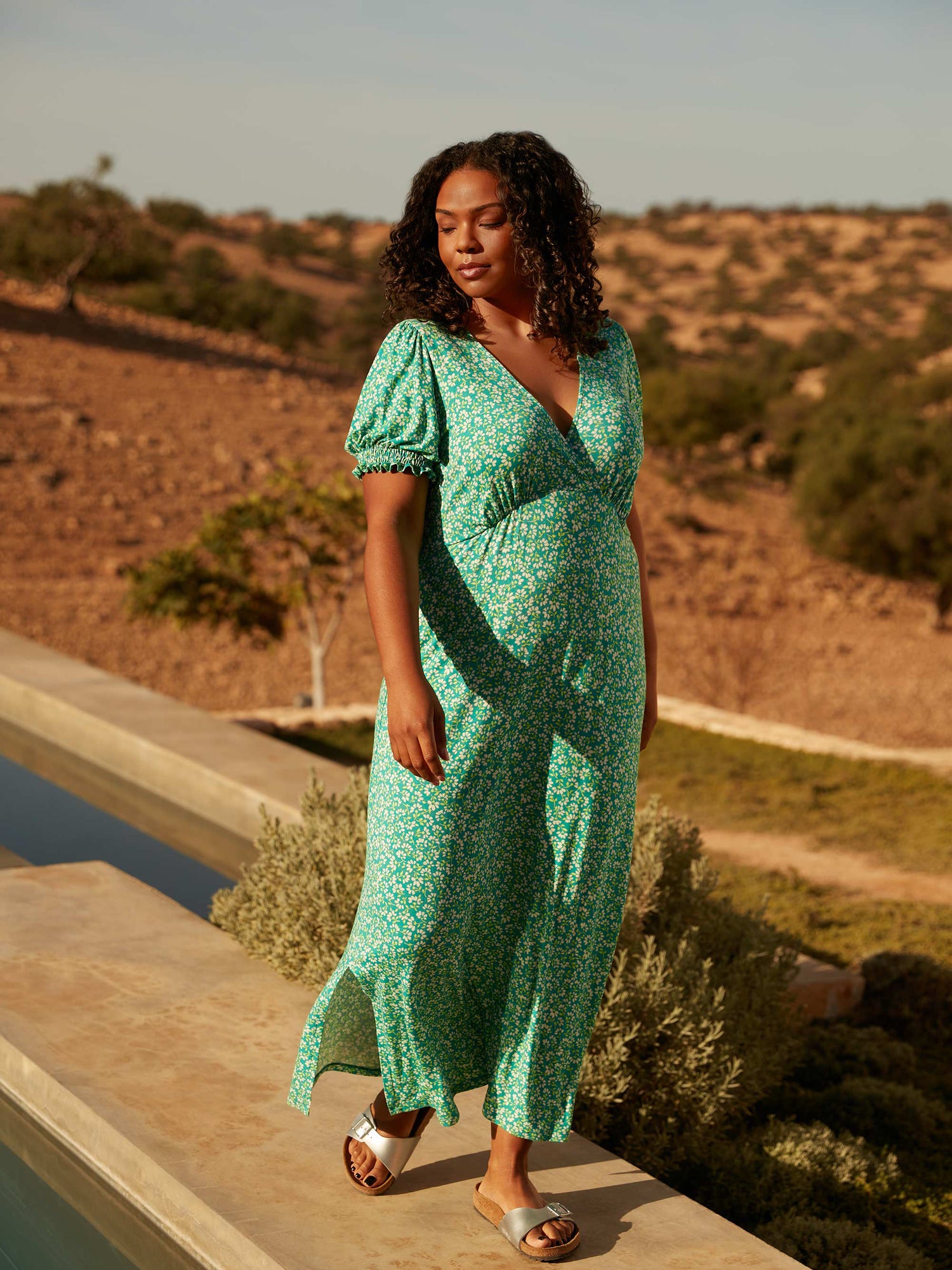 Green Ditsy Jersey Shirred Cuff Maxi Dress