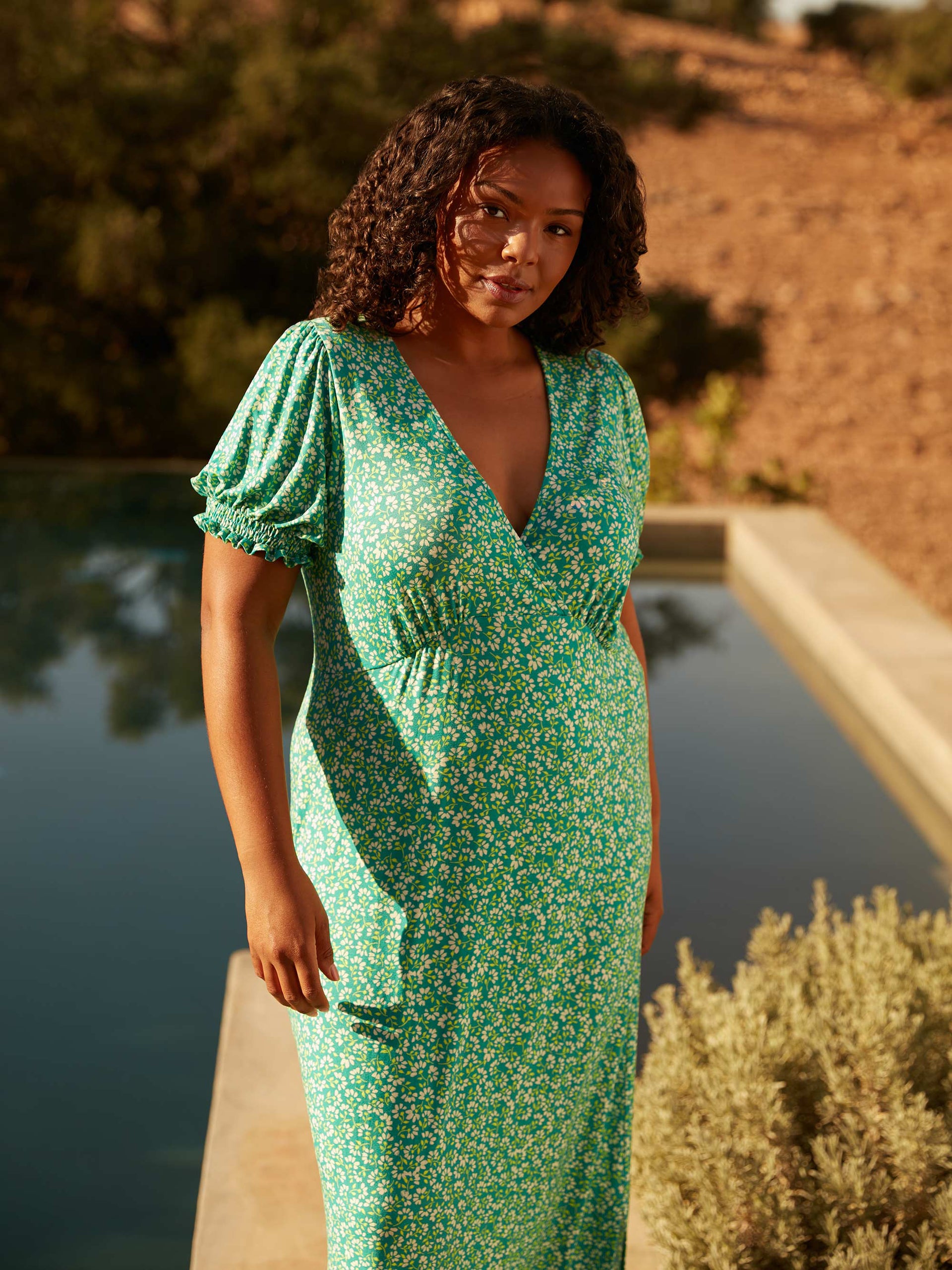 Ditsy Long Sleeve Shirred Maxi Dress Navy main image 0
