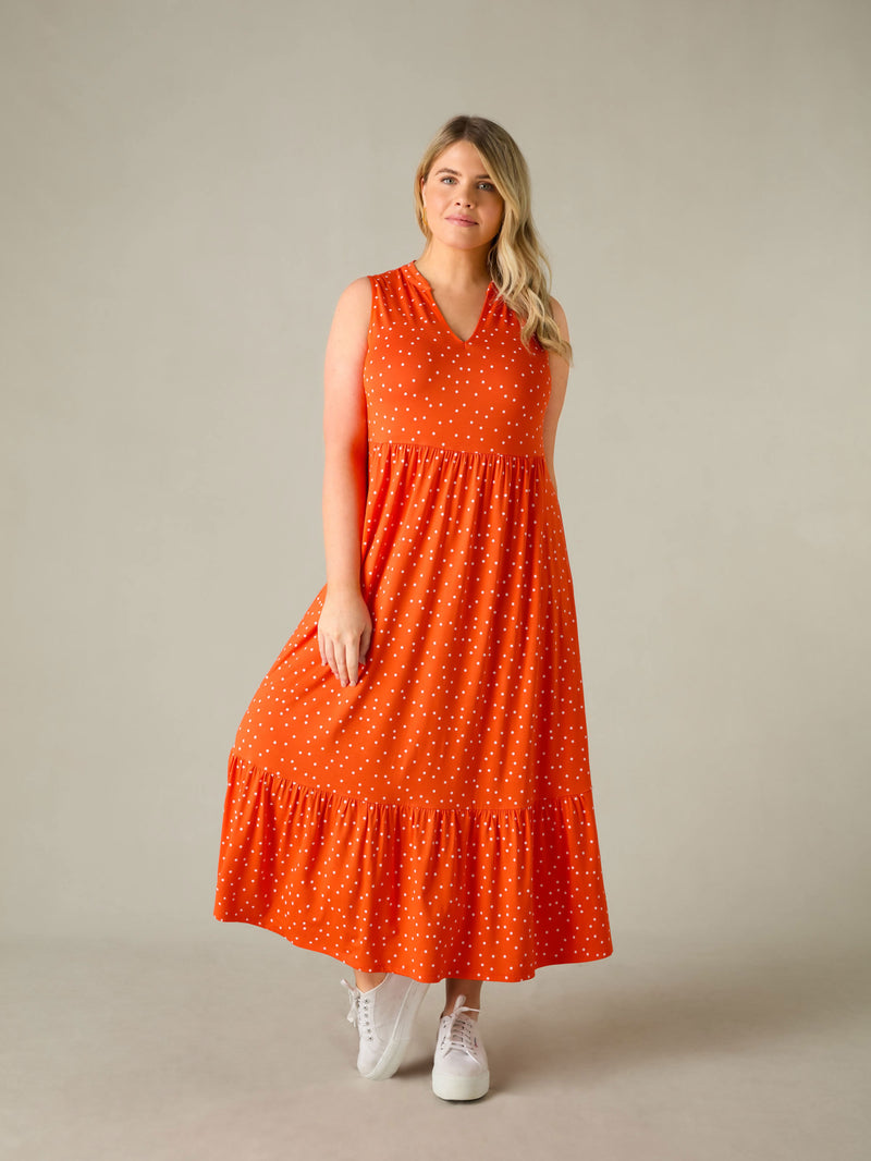 Red Spot Jersey Sleeveless Midi Dress