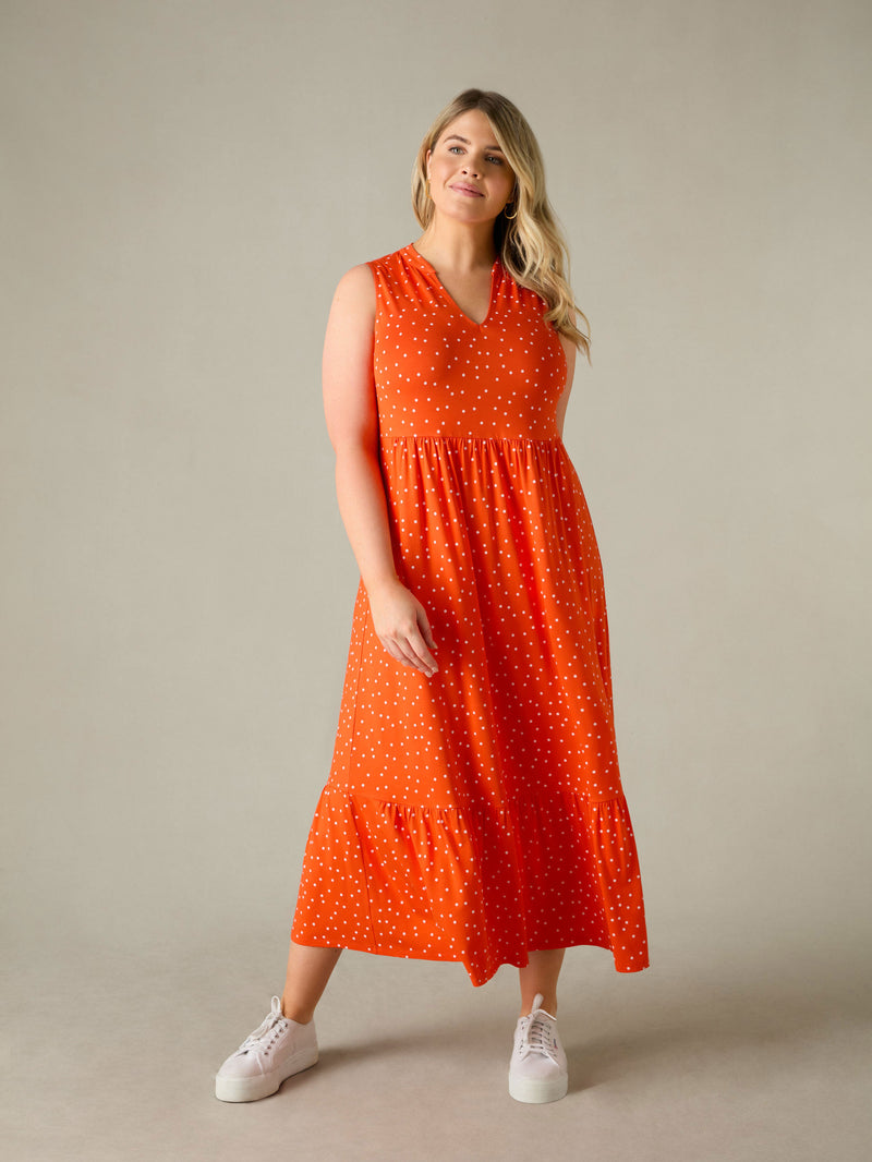 Red Spot Jersey Sleeveless Midi Dress