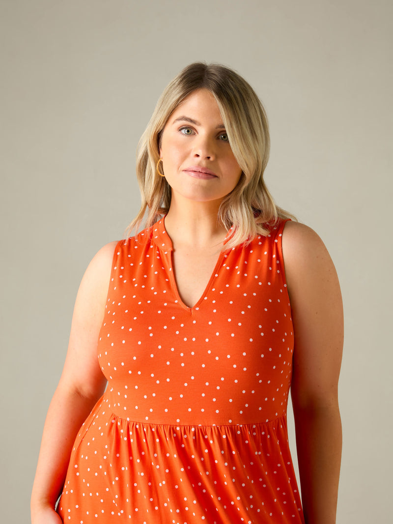 Red Spot Jersey Sleeveless Midi Dress