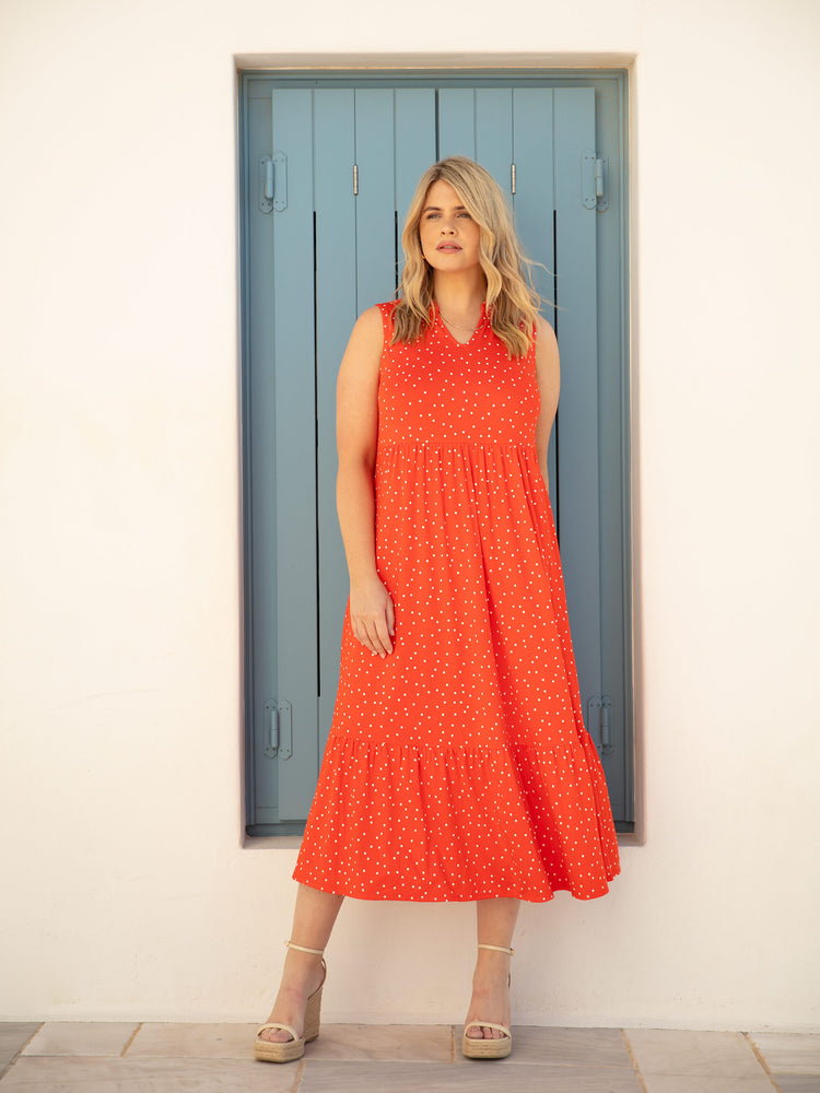 Red Spot Jersey Sleeveless Midi Dress
