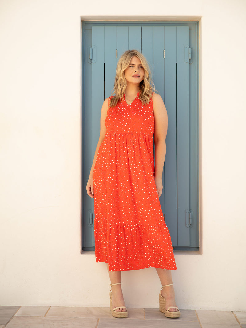 Red Spot Jersey Sleeveless Midi Dress