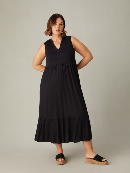 Black Jersey Sleeveless Midi Dress