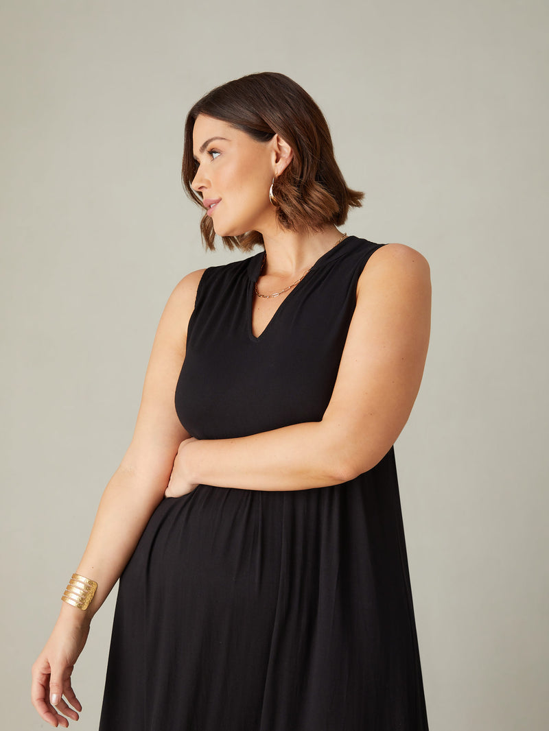 Black Jersey Sleeveless Midi Dress