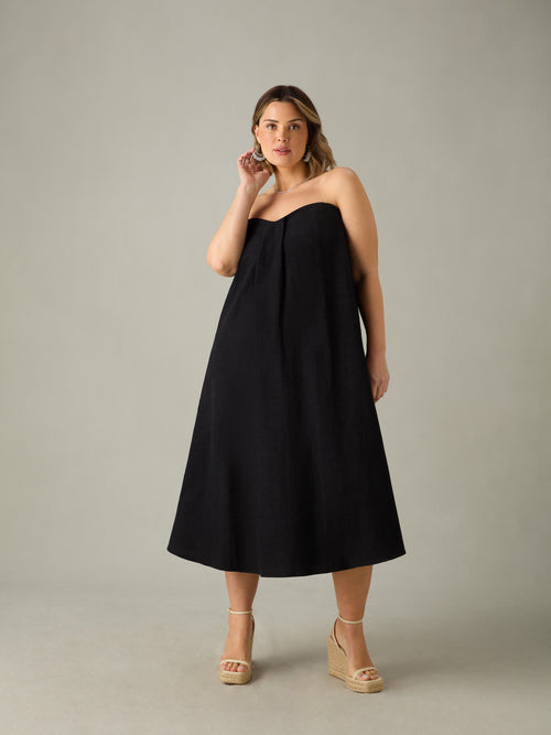 Black Linen Mix Bandeau Midaxi Dress