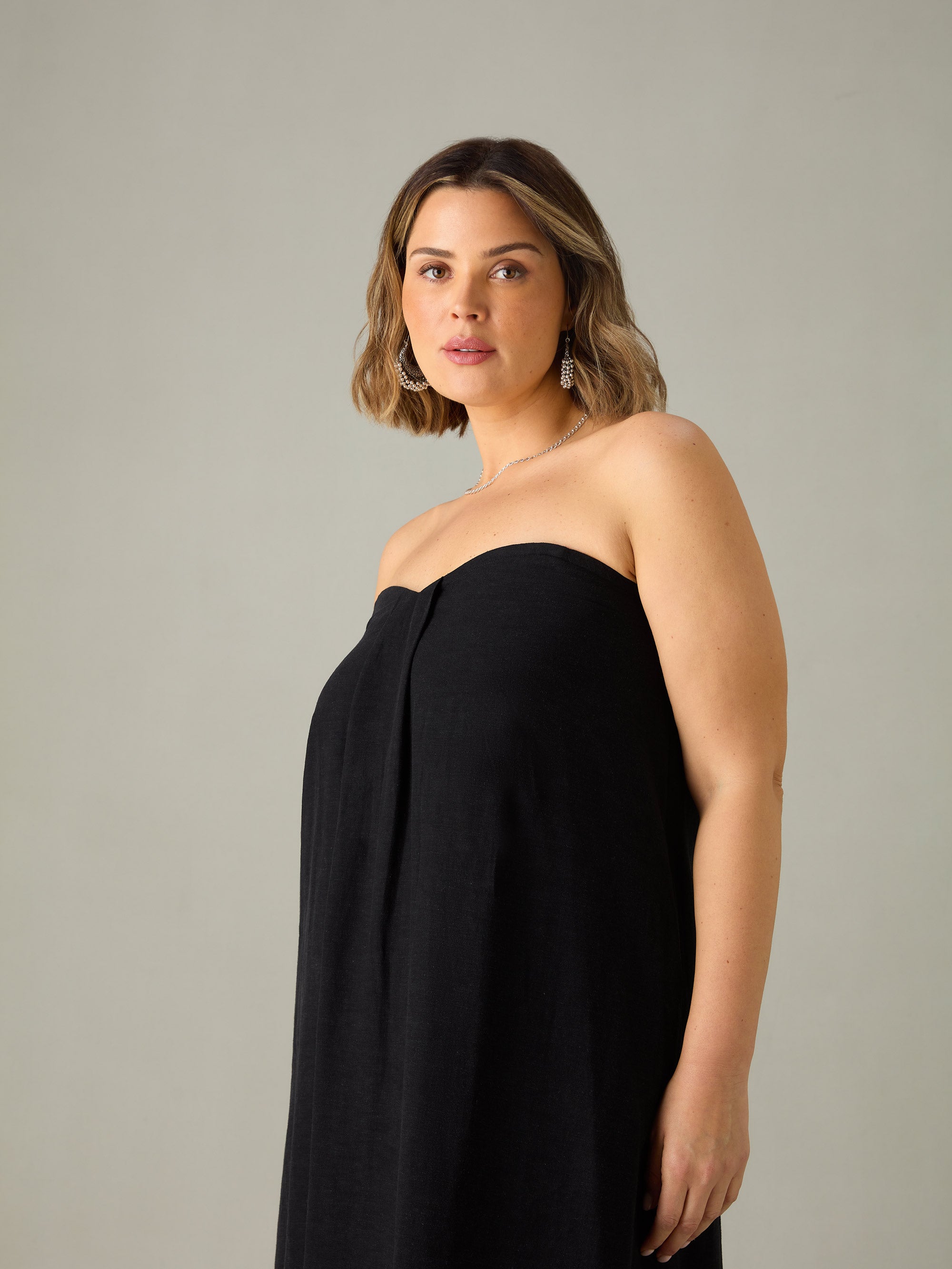 Black Linen Mix Bandeau Midaxi Dress